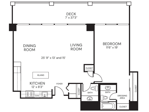 Floor plan for 1 bed, 1.5 baths, 965 sqft